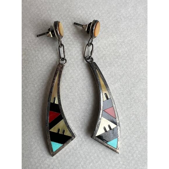 Turquoise Sterling Silver Native Zuni Emery Ohmsatte Inlay Dangle Earrings - Picture 7 of 9